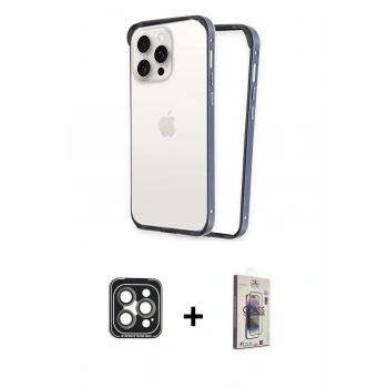 MARSİLYAN™- iPhone 15 Pro Max Kılıf Pusula Asil Koleksiyonu - Siyah Bilvis 3D Cam Ekran Koruyucu + PVD Metal Kamera Lens - GI