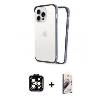 MARSİLYAN™- iPhone 15 Pro Max Kılıf Pusula Asil Koleksiyonu - Siyah Bilvis 3D Mat Cam Ekran Koruyucu + PVD Metal Kamera Lens - TU