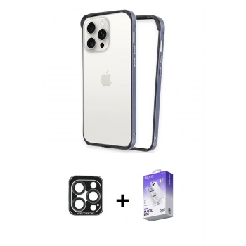 MARSİLYAN™- iPhone 15 Pro Max Kılıf Pusula Asil Koleksiyonu - Siyah Bilvis 5in1 3D Magic Cam Ekran Koruyucu + PVD Metal Kamera Lens - LT