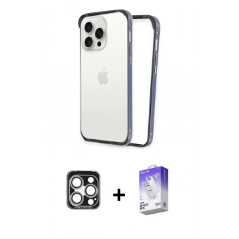 MARSİLYAN™- iPhone 15 Pro Max Kılıf Pusula Asil Koleksiyonu - Siyah Bilvis 5in1 3D Magic Cam Ekran Koruyucu + PVD Metal Kamera Lens - GS