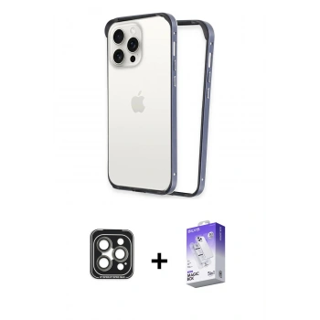 MARSİLYAN™- iPhone 15 Pro Max Kılıf Pusula Asil Koleksiyonu - Siyah Bilvis 5in1 3D Magic Cam Ekran Koruyucu + PVD Metal Kamera Lens - GI