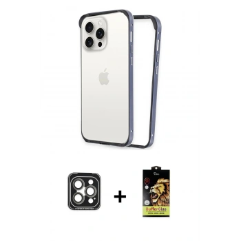 MARSİLYAN™- iPhone 15 Pro Max Kılıf Pusula Asil Koleksiyonu - Siyah Buffer Cam Ekran Koruyucu + PVD Metal Kamera Lens - GI