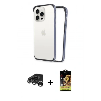 MARSİLYAN™- iPhone 15 Pro Max Kılıf Pusula Asil Koleksiyonu - Siyah Buffer Cam Ekran Koruyucu + Raze Metal Kamera Lens - GS