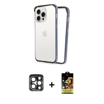 MARSİLYAN™- iPhone 15 Pro Max Kılıf Pusula Asil Koleksiyonu - Siyah Buffer Cam Ekran Koruyucu + PVD Metal Kamera Lens - LT