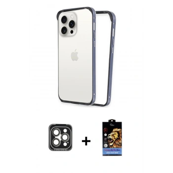 MARSİLYAN™- iPhone 15 Pro Max Kılıf Pusula Asil Koleksiyonu - Siyah Buffer Hayalet Cam Ekran Koruyucu + PVD Metal Kamera Lens - GI
