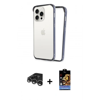 MARSİLYAN™- iPhone 15 Pro Max Kılıf Pusula Asil Koleksiyonu - Siyah Buffer Hayalet Cam Ekran Koruyucu + Raze Metal Kamera Lens - GS