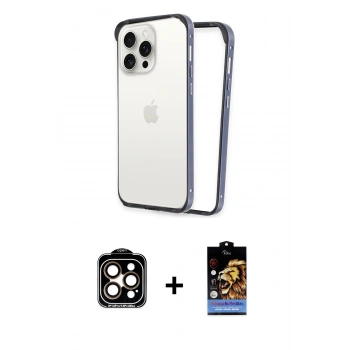 MARSİLYAN™- iPhone 15 Pro Max Kılıf Pusula Asil Koleksiyonu - Siyah Buffer Hayalet Cam Ekran Koruyucu + PVD Metal Kamera Lens - TU