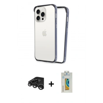 MARSİLYAN™- iPhone 15 Pro Max Kılıf Pusula Asil Koleksiyonu - Siyah Polymer Nano Ekran Koruyucu + Raze Metal Kamera Lens - TMGI