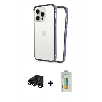 MARSİLYAN™- iPhone 15 Pro Max Kılıf Pusula Asil Koleksiyonu - Siyah Polymer Nano Ekran Koruyucu + Raze Metal Kamera Lens - SH