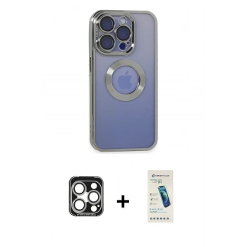 MARSİLYAN™- iPhone 15 Pro Max Kılıf Pusula Form - Şeffaf Pasifik Cam Ekran Koruyucu + PVD Metal Kamera Lens - GS
