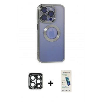MARSİLYAN™- iPhone 15 Pro Max Kılıf Pusula Form - Şeffaf Pasifik Cam Ekran Koruyucu + PVD Metal Kamera Lens - LT