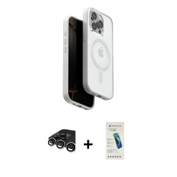 MARSİLYAN™- iPhone 15 Pro Max Kılıf Pusula Form Serisi - Şeffaf Pasifik Cam Ekran Koruyucu + Raze Metal Kamera Lens - GS