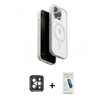 MARSİLYAN™- iPhone 15 Pro Max Kılıf Pusula Form Serisi - Şeffaf Pasifik Cam Ekran Koruyucu + PVD Metal Kamera Lens - GI