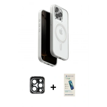 MARSİLYAN™- iPhone 15 Pro Max Kılıf Pusula Form Serisi - Şeffaf Pasifik Cam Ekran Koruyucu + PVD Metal Kamera Lens - LT