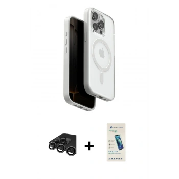 MARSİLYAN™- iPhone 15 Pro Max Kılıf Pusula Form Serisi - Şeffaf Pasifik Cam Ekran Koruyucu + Raze Metal Kamera Lens - TMGI