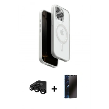 MARSİLYAN™- iPhone 15 Pro Max Kılıf Pusula Form Serisi - Siyah 3D Antistatik Hayalet Cam Ekran Koruyucu + Raze Metal Kamera Lens - SH