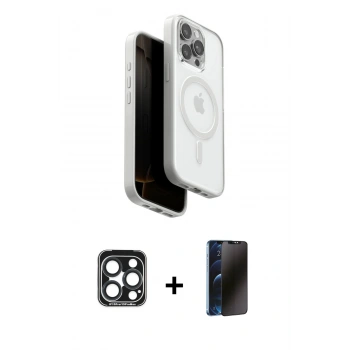 MARSİLYAN™- iPhone 15 Pro Max Kılıf Pusula Form Serisi - Siyah 3D Antistatik Hayalet Cam Ekran Koruyucu + PVD Metal Kamera Lens - LT