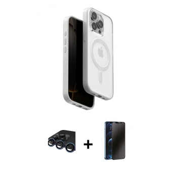 MARSİLYAN™- iPhone 15 Pro Max Kılıf Pusula Form Serisi - Siyah 3D Antistatik Hayalet Cam Ekran Koruyucu + Raze Metal Kamera Lens - LT