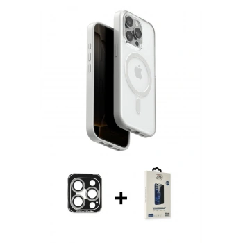 MARSİLYAN™- iPhone 15 Pro Max Kılıf Pusula Form Serisi - Siyah Bilvis Hayalet Cam Ekran Koruyucu + PVD Metal Kamera Lens - GS