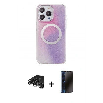 MARSİLYAN™- iPhone 15 Pro Max Kılıf Pusula Form - Siyah 3D Antistatik Hayalet Cam Ekran Koruyucu + Raze Metal Kamera Lens - GS