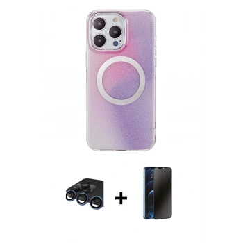 MARSİLYAN™- iPhone 15 Pro Max Kılıf Pusula Form - Siyah 3D Antistatik Hayalet Cam Ekran Koruyucu + Raze Metal Kamera Lens - LT