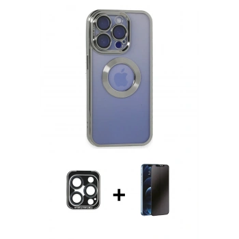 MARSİLYAN™- iPhone 15 Pro Max Kılıf Pusula Form - Siyah 3D Antistatik Hayalet Cam Ekran Koruyucu + PVD Metal Kamera Lens - LT