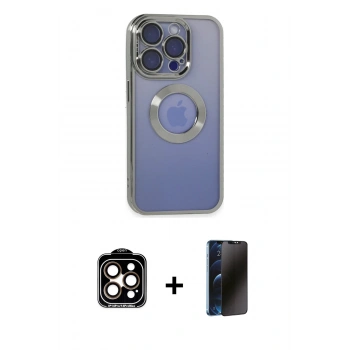 MARSİLYAN™- iPhone 15 Pro Max Kılıf Pusula Form - Siyah 3D Antistatik Hayalet Cam Ekran Koruyucu + PVD Metal Kamera Lens - TU