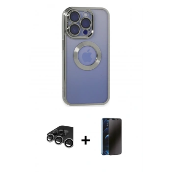 MARSİLYAN™- iPhone 15 Pro Max Kılıf Pusula Form - Siyah 3D Antistatik Hayalet Cam Ekran Koruyucu + Raze Metal Kamera Lens - GS
