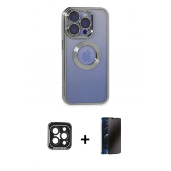 MARSİLYAN™- iPhone 15 Pro Max Kılıf Pusula Form - Siyah 3D Antistatik Hayalet Cam Ekran Koruyucu + PVD Metal Kamera Lens - SH