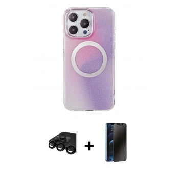 MARSİLYAN™- iPhone 15 Pro Max Kılıf Pusula Form - Siyah 3D Antistatik Hayalet Cam Ekran Koruyucu + Raze Metal Kamera Lens - SH
