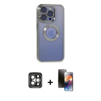 MARSİLYAN™- iPhone 15 Pro Max Kılıf Pusula Form - Siyah 3D Antistatik Mat Seramik Nano Ekran Koruyucu + PVD Metal Kamera Lens - GI