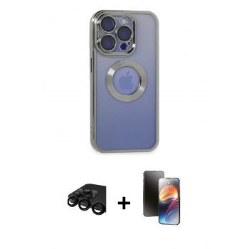 MARSİLYAN™- iPhone 15 Pro Max Kılıf Pusula Form - Siyah 3D Antistatik Mat Seramik Nano Ekran Koruyucu + Raze Metal Kamera Lens - SH