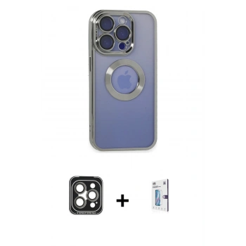 MARSİLYAN™- iPhone 15 Pro Max Kılıf Pusula Form - Siyah Bilvis 0.18mm Plus Cam Ekran Koruyucu + PVD Metal Kamera Lens - GI
