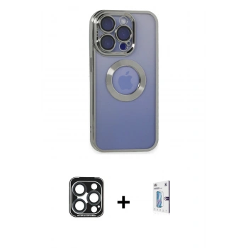 MARSİLYAN™- iPhone 15 Pro Max Kılıf Pusula Form - Siyah Bilvis 0.18mm Plus Cam Ekran Koruyucu + PVD Metal Kamera Lens - LT