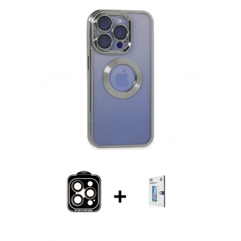 MARSİLYAN™- iPhone 15 Pro Max Kılıf Pusula Form - Siyah Bilvis 0.18mm Plus Cam Ekran Koruyucu + PVD Metal Kamera Lens - TU