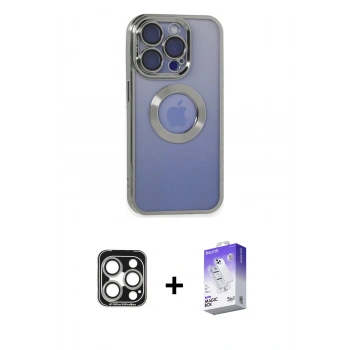 MARSİLYAN™- iPhone 15 Pro Max Kılıf Pusula Form - Siyah Bilvis 5in1 3D Magic Cam Ekran Koruyucu + PVD Metal Kamera Lens - GS