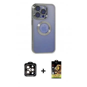 MARSİLYAN™- iPhone 15 Pro Max Kılıf Pusula Form - Siyah Buffer Cam Ekran Koruyucu + PVD Metal Kamera Lens - TU