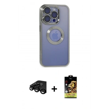 MARSİLYAN™- iPhone 15 Pro Max Kılıf Pusula Form - Siyah Buffer Cam Ekran Koruyucu + Raze Metal Kamera Lens - SH