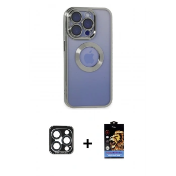 MARSİLYAN™- iPhone 15 Pro Max Kılıf Pusula Form - Siyah Buffer Hayalet Cam Ekran Koruyucu + PVD Metal Kamera Lens - LT