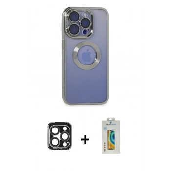 MARSİLYAN™- iPhone 15 Pro Max Kılıf Pusula Form - Siyah Polymer Nano Ekran Koruyucu + PVD Metal Kamera Lens - LT
