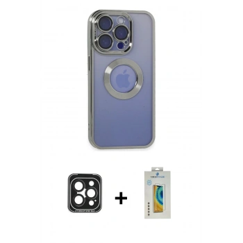 MARSİLYAN™- iPhone 15 Pro Max Kılıf Pusula Form - Siyah Polymer Nano Ekran Koruyucu + PVD Metal Kamera Lens - SH