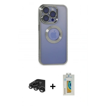 MARSİLYAN™- iPhone 15 Pro Max Kılıf Pusula Form - Siyah Polymer Nano Ekran Koruyucu + Raze Metal Kamera Lens - TMGI