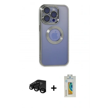 MARSİLYAN™- iPhone 15 Pro Max Kılıf Pusula Form - Siyah Polymer Nano Ekran Koruyucu + Raze Metal Kamera Lens - SH