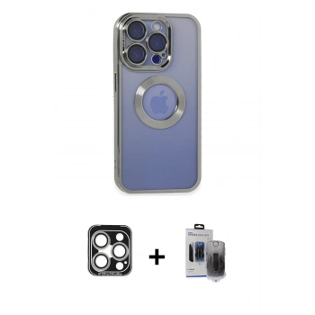 MARSİLYAN™- iPhone 15 Pro Max Kılıf Pusula Form - Siyah Vanessa Magic Hayalet Cam + PVD Metal Kamera Lens - GS