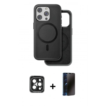 MARSİLYAN™- iPhone 15 Pro Max Kılıf Pusula Işık Koleksiyonu - Siyah 3D Antistatik Hayalet Cam Ekran Koruyucu + PVD Metal Kamera Lens - SH