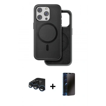 MARSİLYAN™- iPhone 15 Pro Max Kılıf Pusula Işık Koleksiyonu - Siyah 3D Antistatik Hayalet Cam Ekran Koruyucu + Raze Metal Kamera Lens - LT