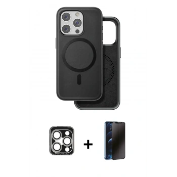 MARSİLYAN™- iPhone 15 Pro Max Kılıf Pusula Işık Koleksiyonu - Siyah 3D Antistatik Hayalet Cam Ekran Koruyucu + PVD Metal Kamera Lens - GS