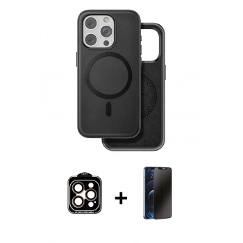 MARSİLYAN™- iPhone 15 Pro Max Kılıf Pusula Işık Koleksiyonu - Siyah 3D Antistatik Hayalet Cam Ekran Koruyucu + PVD Metal Kamera Lens - TU