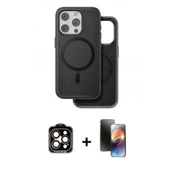 MARSİLYAN™- iPhone 15 Pro Max Kılıf Pusula Işık Koleksiyonu - Siyah 3D Antistatik Mat Seramik Nano Ekran Koruyucu + PVD Metal Kamera Lens - TU