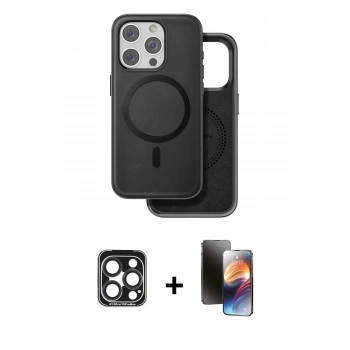 MARSİLYAN™- iPhone 15 Pro Max Kılıf Pusula Işık Koleksiyonu - Siyah 3D Antistatik Mat Seramik Nano Ekran Koruyucu + PVD Metal Kamera Lens - LT